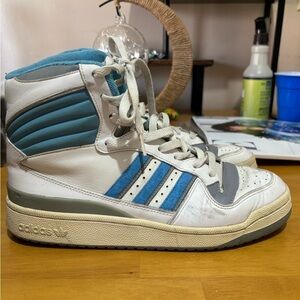 Adidas Eldorado Run-DMC Sample White and Blue High-Top Sneakers.